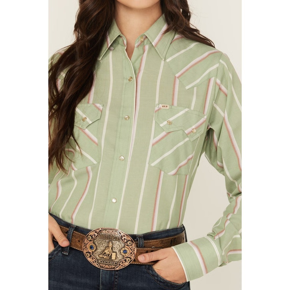 NEW Cowboygirl‎ Jenna Paulette Womens Striped Pearl Snap Western Shirt XL Green